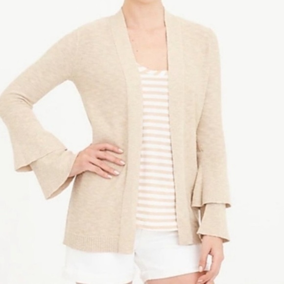 NWOT J.Crew Oatmeal Tiered Ruffle Cardigan - Picture 1 of 8